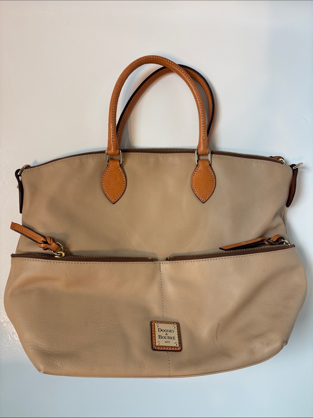 Dooney & Bourke Beige Leather Tote with Tan Trim
